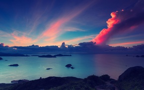 lake, clouds, sky, island, sunrise