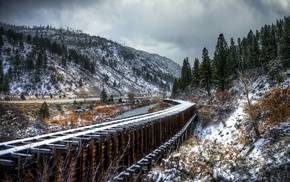 trees, valley, snow, hill, fall, river