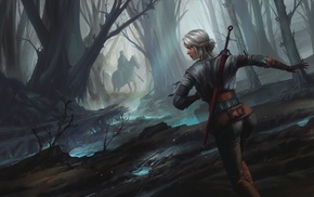 The Witcher, The Witcher 3 Wild Hunt, white hair, concept art, sword, video games