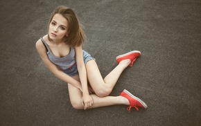 red shoes, tank top, jean shorts, looking up, brown eyes, blonde