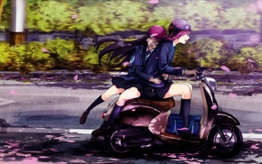 anime girls, school uniform, helmet, fantasy art, original characters, mopeds