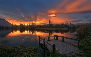 dock, sky, lake, reeds, mountain, sunrise
