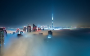 Dubai, night, Burj Khalifa, mist, clouds