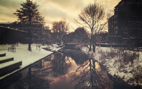 snow, reflection, trees, city