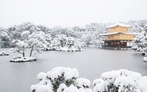 Japan, snow, temple, lake