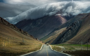 road, mountain, clouds