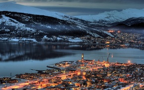 town, Norway, mountain, harbor