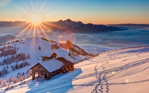 cabin, mountain, Switzerland, snow, rigi