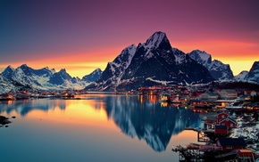 Norway, lake, reflection, village