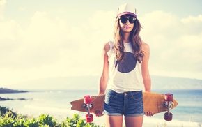 baseball caps, sunglasses, skateboard, jean shorts, blonde, girl