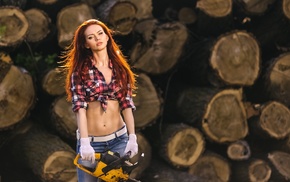 girl, model, wood, shirt, jeans, depth of field
