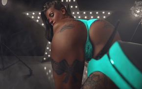 girl, tattoo, lingerie, high heels, ass