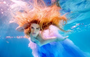 blue eyes, girl, underwater, colorful, dress, redhead