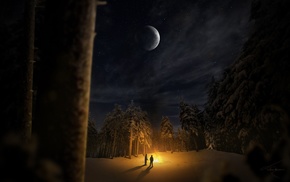 snow, moon, campfire, stars, trees, nature