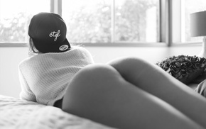 monochrome, in bed, ass, girl, baseball caps