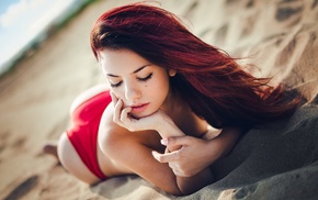 ass, sand, girl, redhead, closed eyes, Delaia Gonzalez