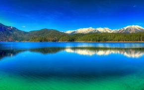 sky, nature, green, reflection, water, forest