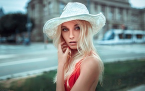 girl, model, girl outdoors, red dress, portrait, hat
