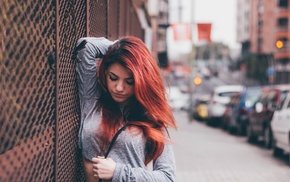 redhead, girl, depth of field, long hair, urban, short tops