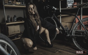 bicycle, high heels, girl, nask, spread legs, strategic covering