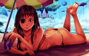 eye patch, beach, bikini, barefoot, anime girls, original characters