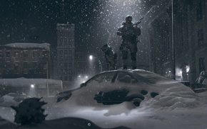 dog, snow, artwork, soldier, futuristic