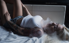 girl, T, shirt, smoke, tattoo, closed eyes