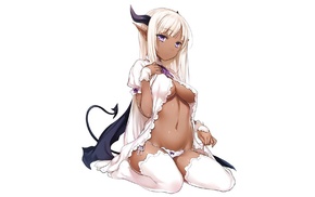 looking at viewer, succubus, dark skin, tail, thigh, highs