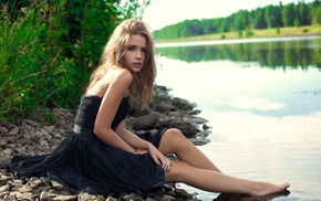 blonde, model, dress, green eyes, girl outdoors, barefoot