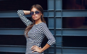 hands in hair, girl, dress, girl with glasses, portrait