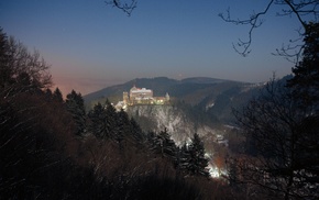 winter, stars, Czech Republic, nature, pine trees, hill