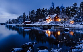 cabin, space, landscape, winter, night, snow