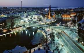 snow, river, Finland, street, bridge, city