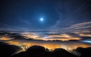 mist, Switzerland, moon, city, mountain, night
