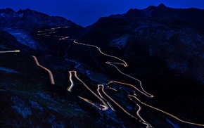 night, mountain, long exposure, road, Switzerland, hairpin turns