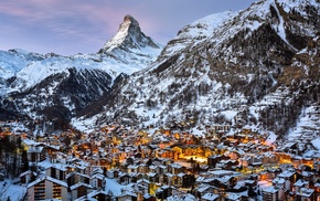 winter, mountain, town, Zermatt, Matterhorn, Switzerland