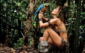 jungles, girl, model, birds