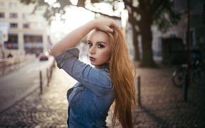 girl, portrait, blonde, hands in hair