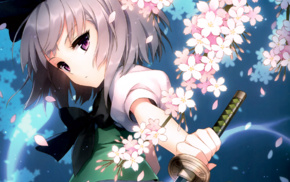 Touhou, cherry blossom, an2a, katana, flowers, Konpaku Youmu