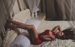 looking up, Aleksandr Margolin, red dress, in bed, high heels, girl