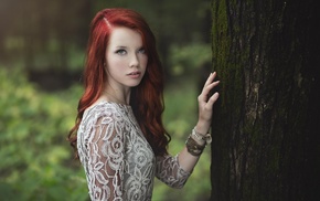 redhead, girl outdoors, moss, Abbie Schmitt, see, through clothing