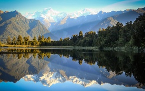 mirrored, New Zealand, hill, lake, reflection, trees