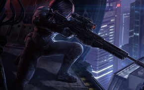 soldier, helicopters, city, sniper rifle, futuristic