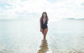 one, piece swimsuit, brunette