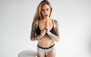 open mouth, girl, blonde, Alysha Nett, tattoo, simple background