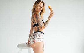 simple background, ass, Alysha Nett, tattoo, bra, shorts
