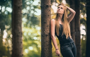 blonde, forest, jeans, girl, trees, tank top