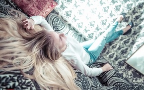 depth of field, blonde, jeans, long hair, girl, closed eyes