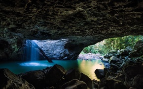 waterfall, landscape, rock, pond, cave, trees