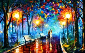 bench, Leonid Afremov, street light, oil painting, fall, painting